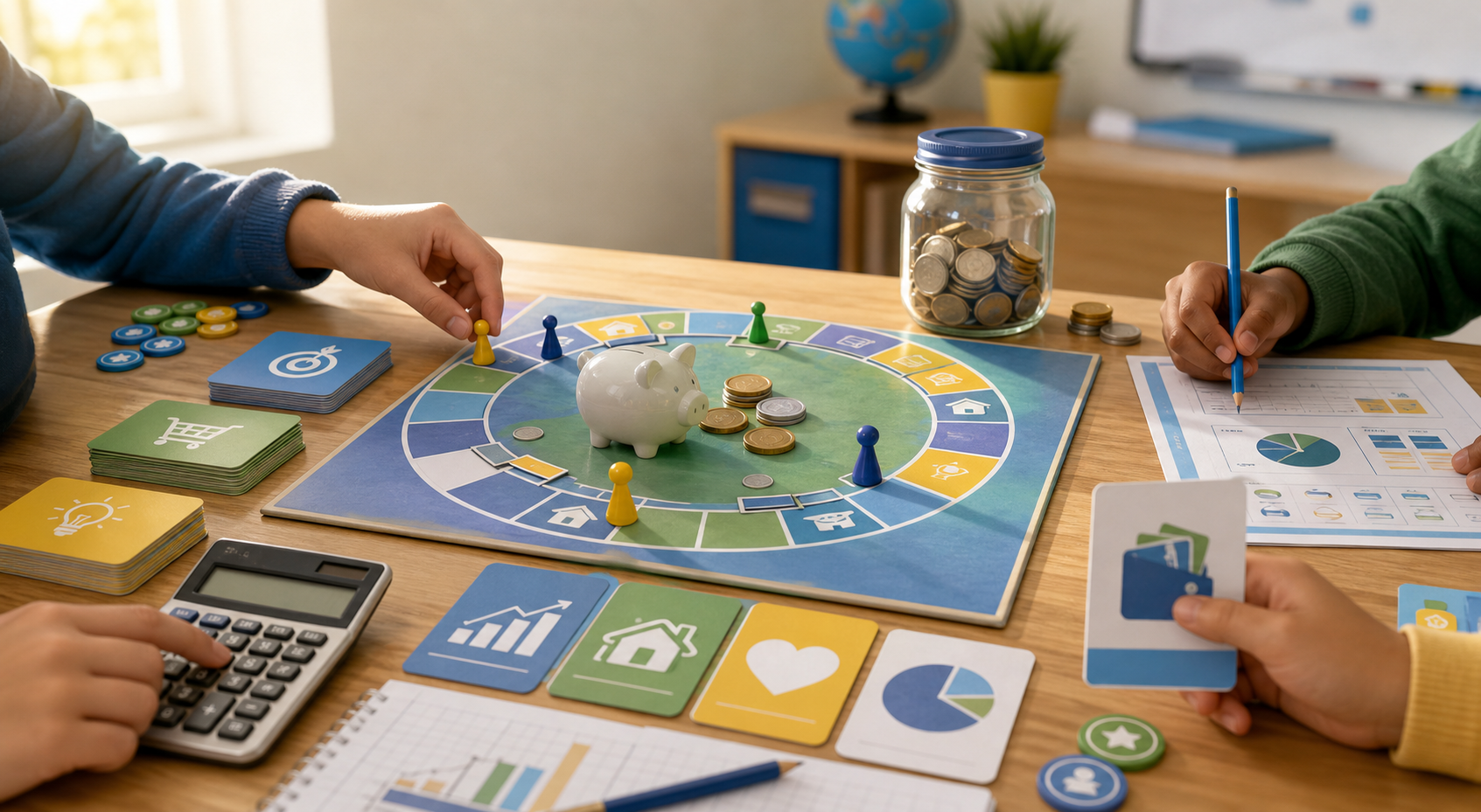 Atividade ludica de educacao financeira em mesa escolar