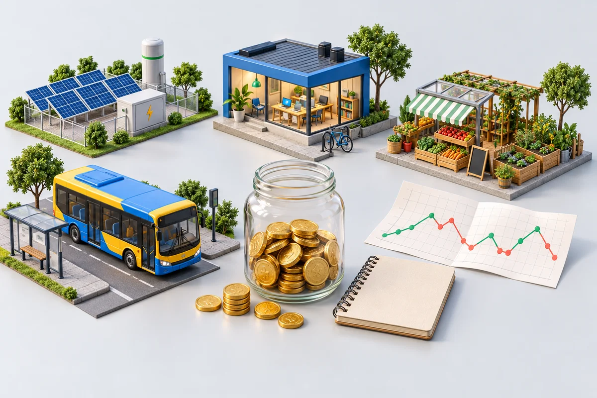 Ilustração de quatro setores da economia, uma reserva de moedas e um gráfico com altas e quedas